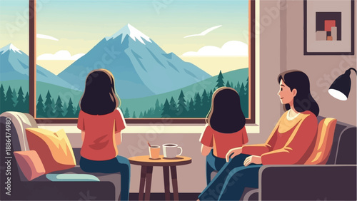 Family observes serene mountain landscape from cozy living room