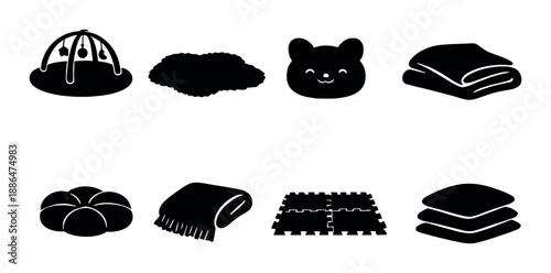 Icons of pet essentials on dark background: toys, beds, blankets, and more