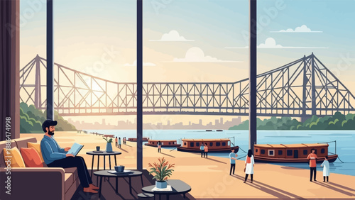 Man relaxes indoors, reading, while overlooking a river, boats, and a bridge