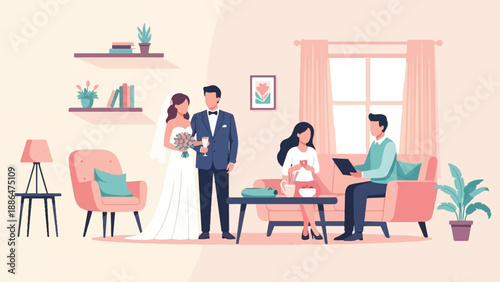 Newlyweds with guests in a cozy living room