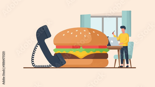 Man works at desk with giant burger and phone