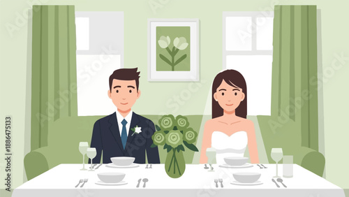 Newlyweds seated at a table set for a meal, with a floral painting above