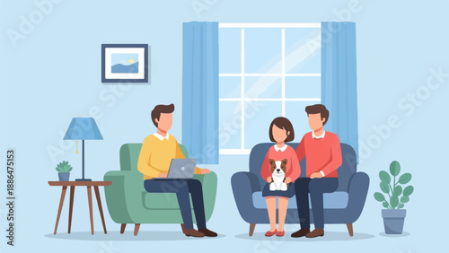 Family relaxing indoors with dog and laptop