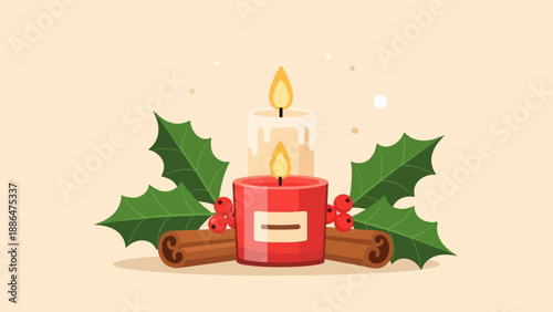 Festive Christmas still life with glowing candles, holly, and spice