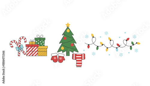 Cute holiday icons including Christmas tree wrapped gifts candy canes mittens and string lights