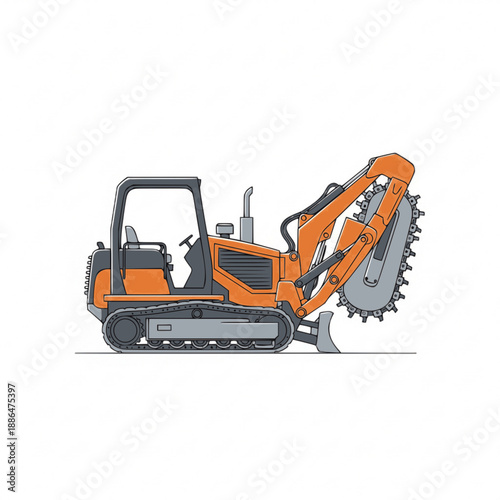 Gray orange excavator with rotating cutter
