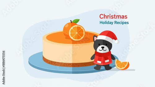 Festive cartoon dog and orange cake with Christmas holiday recipes text