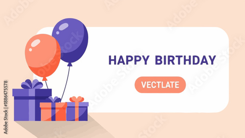 Festive birthday greeting with balloons, gifts, and celebratory text