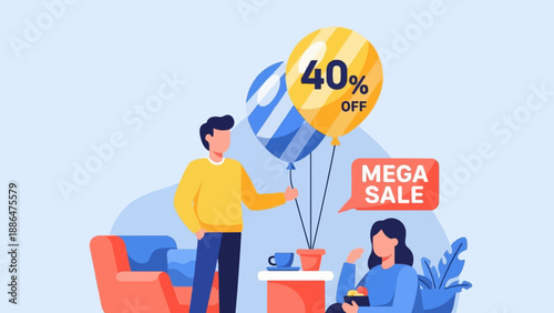Festive balloons announce a 40% off mega sale event for shoppers