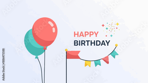 Festive balloons and bunting celebrate a happy birthday with scattered confetti