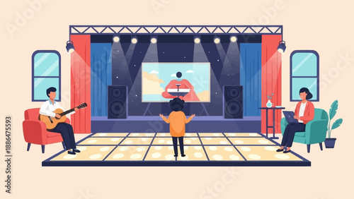 Musicians and spectator on illuminated stage with screens and plants