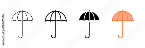 Set of minimalist umbrella icons with transparent background, depicting weather protection, rain safety, climate forecast, and travel accessories, vector illustration