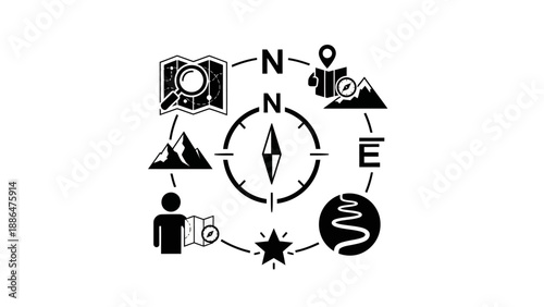 Compass and map icons representing travel and navigation concept.