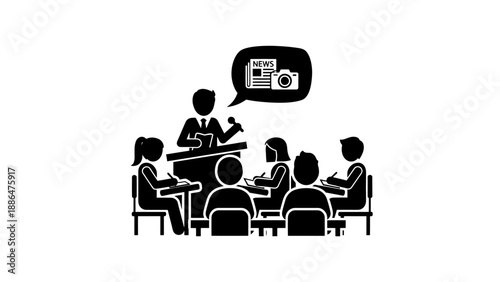 Speaker at podium addressing an audience with news and camera icons in speech bubble.