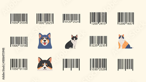 Multiple barcodes and stylized dog and cat portraits