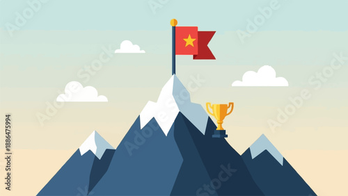 Mountain peak with flag and trophy, symbolizing achievement and success