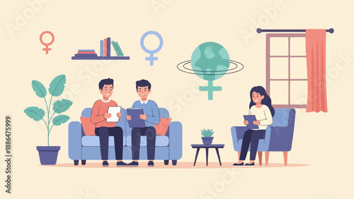 People in a cozy room discussing topics with planetary and gender symbols