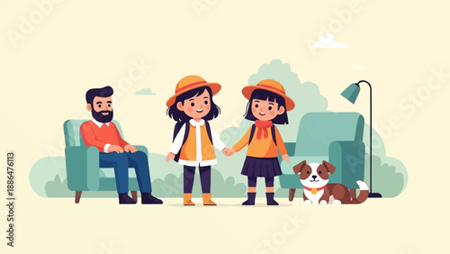 Father, two daughters, and a dog relax in cozy chairs with a lamp