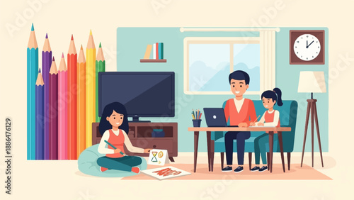 Father, daughter, and son drawing and working at home