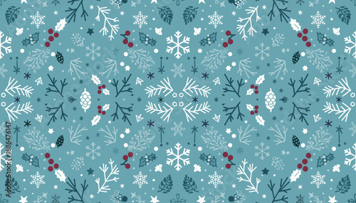 Seamless winter pattern with snowflakes holly berries and pine on blue Christmas background design