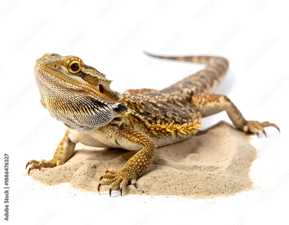 Naklejka premium A bearded dragon lizard rests on sand, its spiky neck visible against a stark white background