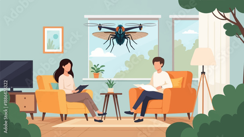 People in a living room observing a drone disguised as a fly through a window