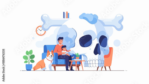 Father and son relaxing with dog and giant skull motif