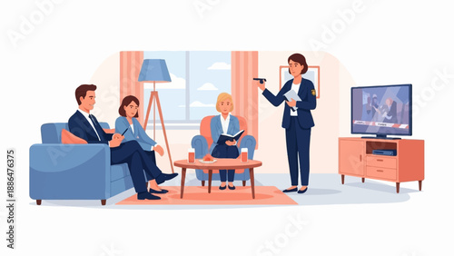 People in a living room watching television news