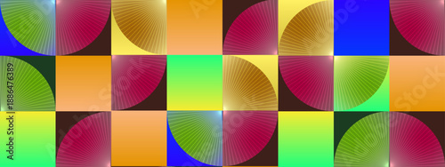 Elaborate arrangement of quarter circles with line textures in a vibrant mosaic layout