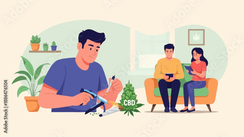 Man prepares cannabis product; couple relaxes on sofa at home