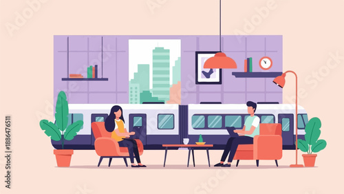 Modern scene with people working on laptops near a train and city view