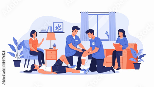 Medical professionals assisting an injured person in a home setting