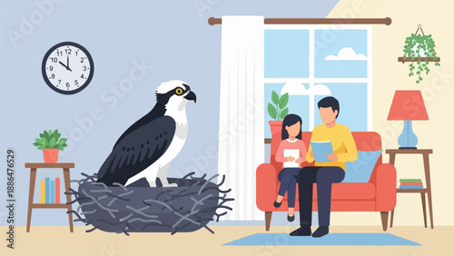 Father and daughter read a book while an osprey sits in its nest nearby