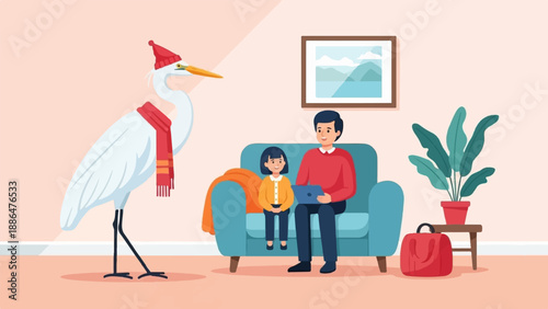 Father and daughter with a bird in a hat and scarf watch something on a tablet