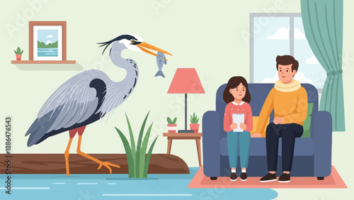 Father and daughter observe a heron with a fish, indoors with window view