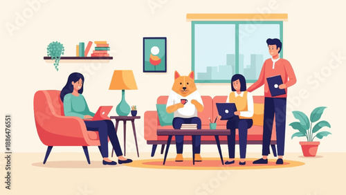 People and dog work on laptops and drink coffee in a cozy room