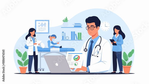 Medical professionals in a bright clinic setting, attending to a patient