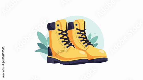 Pair of bright yellow work boots with navy blue accents, laced up