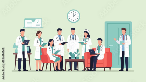 Medical professionals in a meeting discussing patient care, gathered in a bright room