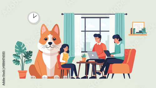 People and dog working in a bright, modern office setting