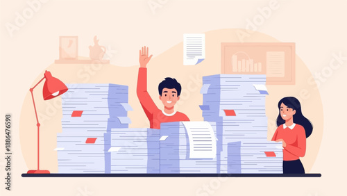 Overwhelmed office workers drowning in piles of paperwork