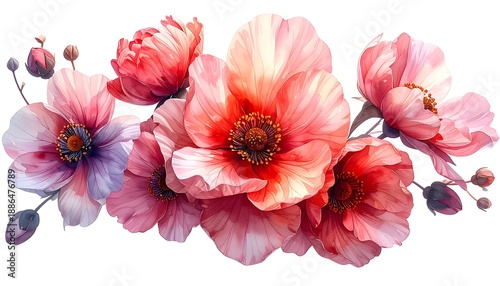 Arrangement of loosely-painted, pink and red flowers with dark centers, isolated on white