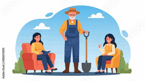 Farmer with shovel stands near two women reading and talking