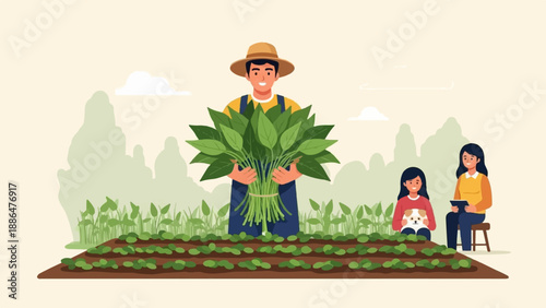 Farmer with harvested greens, mother and child with dog on farm