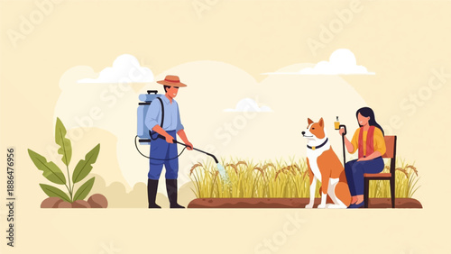 Farmer sprays crops with a sprayer, while a woman and dog watch