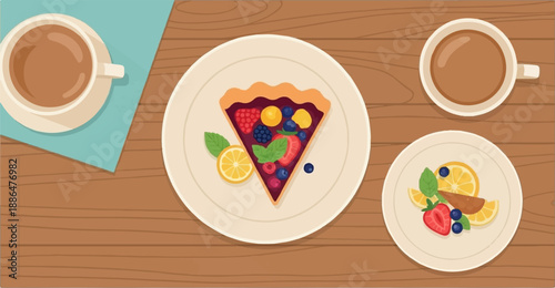 Overhead view of a fruit tart slice, fruit garnish, and two cups of coffee on wood