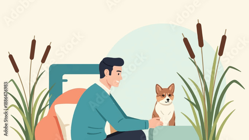 Man in teal sweater petting a corgi dog near cattails