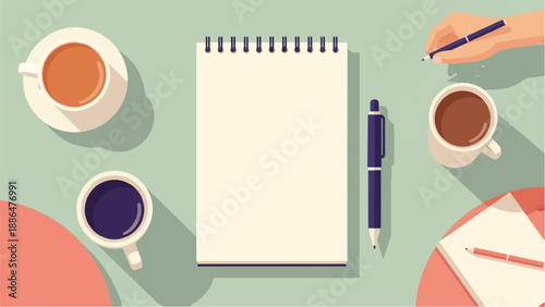 Overhead view of a desk with three cups of coffee, a notebook, and pens