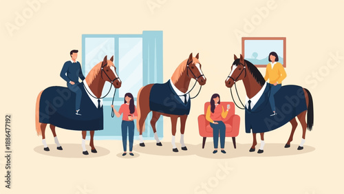 People and horses in a surreal interior scene with minimal decor