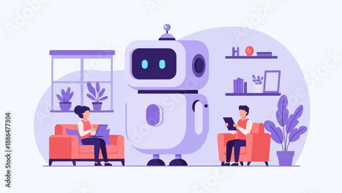 Modern living room with a robot assistant and people using devices
